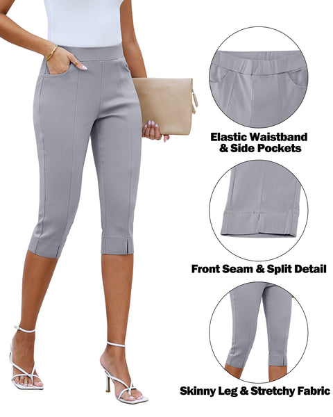 GRAPENT Capri Pants for Women High Waisted Pull On Elastic Waist Dressy Casual Stretchy Capris Trousers Pants Pockets