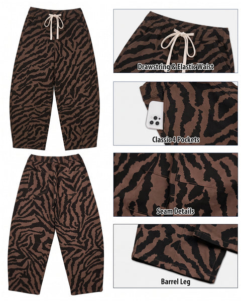 GRAPENT Barrel Jeans for Women High Waisted Pull On Baggy Zebra Print Pants | Curved Barrel-Leg Silhouette, Drawstring Elastic Waist, Stretchy Denim, 27'' Inseam, Cropped Jeans, Loose Fit, Weekend Casual