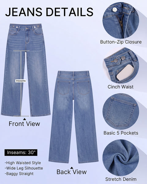 GRAPENT Jeans for Women Wide Leg High Rise Cinch-Waist Stretchy Denim Pants | High Waisted, Adjustable Waist, Full Length, 30'' Inseam, 90s Baggy Straight, Great for Everyday Wear, Dressy Casual Outifts