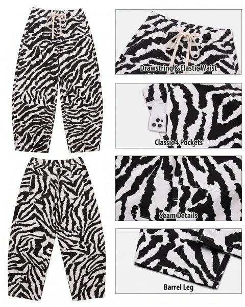 GRAPENT Barrel Jeans for Women High Waisted Pull On Baggy Zebra Print Pants | Curved Barrel-Leg Silhouette, Drawstring Elastic Waist, Stretchy Denim, 27'' Inseam, Cropped Jeans, Loose Fit, Weekend Casual