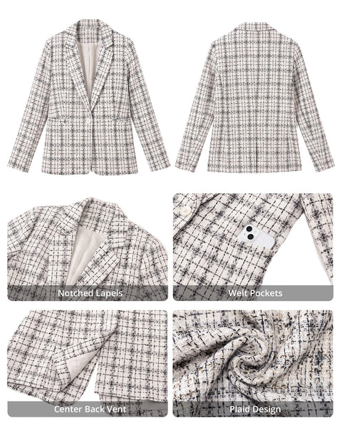GRAPENT Tweed Blazers for Women Plaid Jacket Long Sleeve Work Casual Blazer | Notched Lapel, Fully Lined, Shoulder Pads, Single Button, 2 Pockets, Interview, Office outfits, Business Casual Blazers