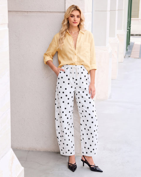 GRAPENT Barrel Womens Jeans High Rise Polka Dot Pull On Stretch Denim Pants | Cropped Jeans for Women, Elastic Waist with Drawstring, High Waisted, 27 Inch Inseam, Dressy Casual Outfit, Casual Daily Wear