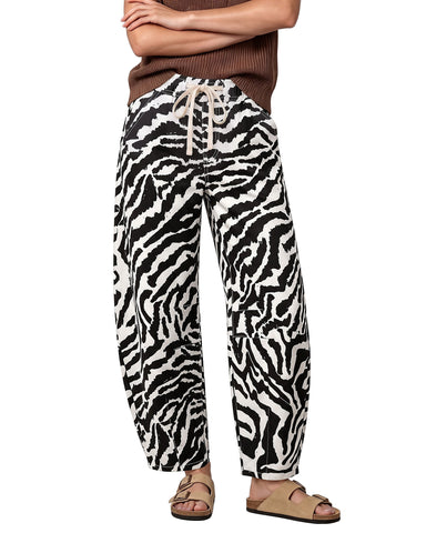 GRAPENT Barrel Jeans for Women High Waisted Pull On Baggy Zebra Print Pants | Curved Barrel-Leg Silhouette, Drawstring Elastic Waist, Stretchy Denim, 27'' Inseam, Cropped Jeans, Loose Fit, Weekend Casual