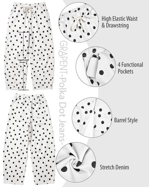 GRAPENT Barrel Womens Jeans High Rise Polka Dot Pull On Stretch Denim Pants | Cropped Jeans for Women, Elastic Waist with Drawstring, High Waisted, 27 Inch Inseam, Dressy Casual Outfit, Casual Daily Wear