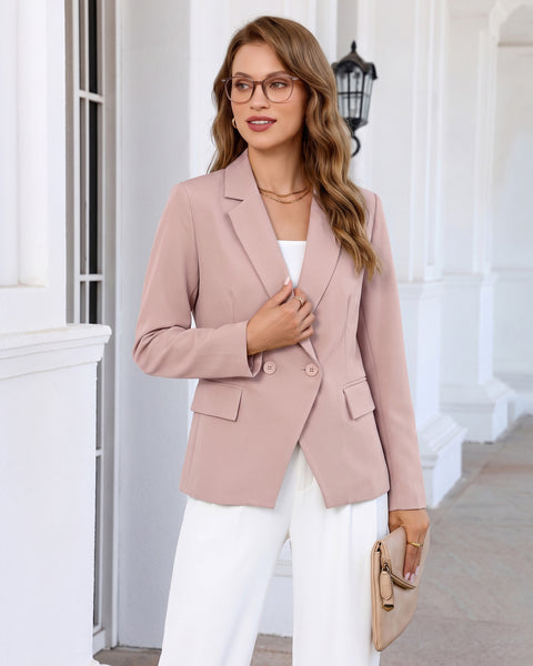 GRAPENT Blazers for Women Business Casual Double Breasted Suit Jackets Notch Collar, Long Sleeves with Button Cuffs, Flap Pockets, Shoulder Pads, Dressy Casual Fitted Outfits, Work Office Wear