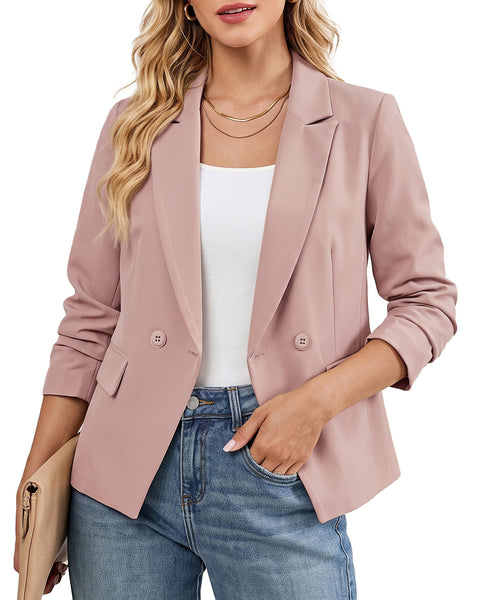 GRAPENT Blazers for Women Business Casual Double Breasted Suit Jackets Notch Collar, Long Sleeves with Button Cuffs, Flap Pockets, Shoulder Pads, Dressy Casual Fitted Outfits, Work Office Wear