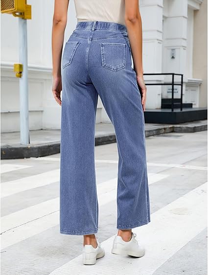 GRAPENT Wide Leg Jeans for Women High Waisted Trendy Pull On Elastic Waist Soft Stretchy Denim Pants Sweatpant Jeans
