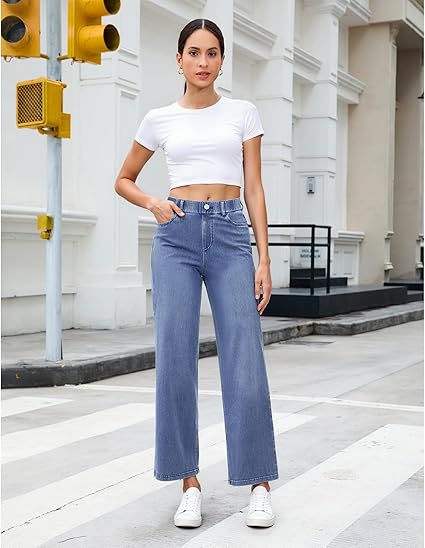 GRAPENT Wide Leg Jeans for Women High Waisted Trendy Pull On Elastic Waist Soft Stretchy Denim Pants Sweatpant Jeans