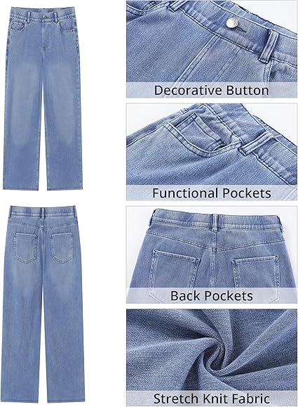 GRAPENT Wide Leg Jeans for Women High Waisted Trendy Pull On Elastic Waist Soft Stretchy Denim Pants Sweatpant Jeans