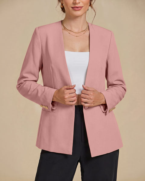 GRAPENT Blazers for Women Dressy Casual Collarless Long Sleeves Suit Jacket Blazers for Women Business Casual, Fully Lined, Shoulder Pads, Single Button, Two Pockets, Work Casual Wear, Interview Outfit