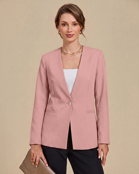 GRAPENT Blazers for Women Dressy Casual Collarless Long Sleeves Suit Jacket Blazers for Women Business Casual, Fully Lined, Shoulder Pads, Single Button, Two Pockets, Work Casual Wear, Interview Outfit