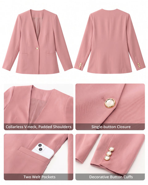 GRAPENT Blazers for Women Dressy Casual Collarless Long Sleeves Suit Jacket Blazers for Women Business Casual, Fully Lined, Shoulder Pads, Single Button, Two Pockets, Work Casual Wear, Interview Outfit