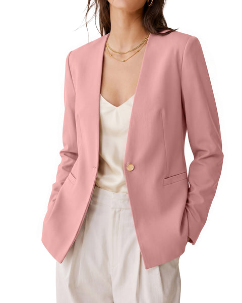 GRAPENT Blazers for Women Dressy Casual Collarless Long Sleeves Suit Jacket Blazers for Women Business Casual, Fully Lined, Shoulder Pads, Single Button, Two Pockets, Work Casual Wear, Interview Outfit