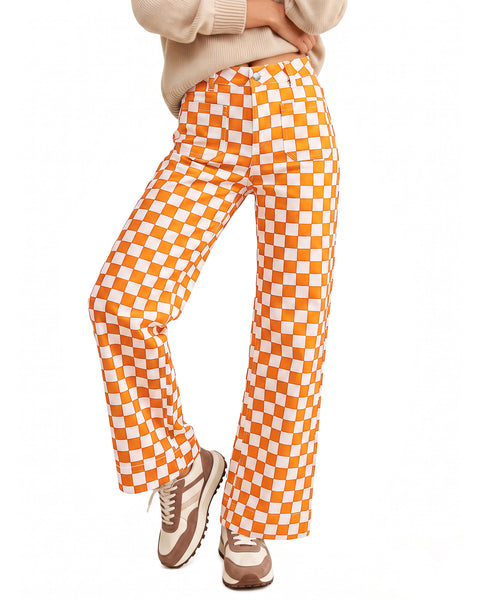 GRAPENT Women's Wide Leg Jeans High Waisted Trendy Stretchy Checkered Pants Checkerboard Print, High Rise, Wide-Leg Cut, Front Patch Pockets, Stretch Denim Pants, Weekend Casual, Classic Retro Style