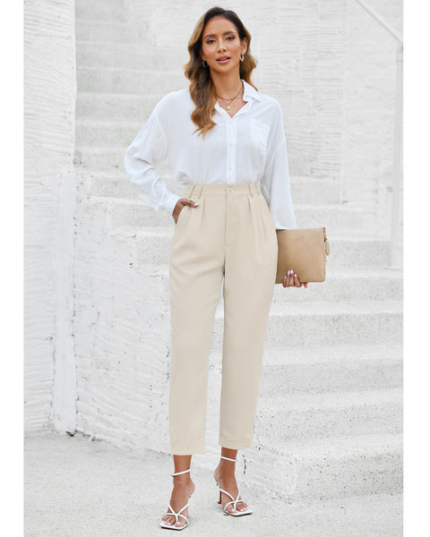 Elastic Back Waist High Waisted Straight Leg Cropped Pants