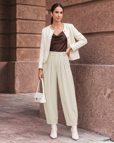 GRAPENT Dress Barrel Pants Women High Waisted Tapered Ankle Work Trousers Elastic Waist with Button-zip Closure, Pleated, 27" Inseam, 4 Pockets, Slacks for Women Business Casual, Work Office Outfits