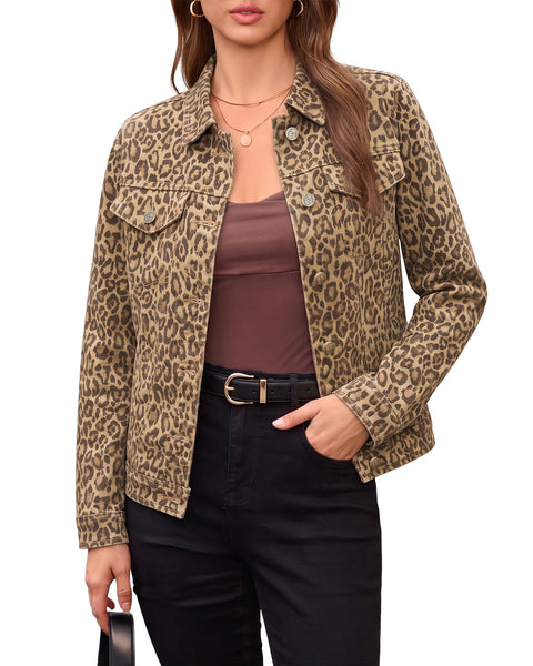 GRAPENT Leopard Cheetah Print Jean Jacket Women Casual Denim Trucker Jacket Stretchy Denim Jacket, Animal Print, Button Down, Long Sleeve, Side Pockets, Western Outfit, Fall Outfits for Women