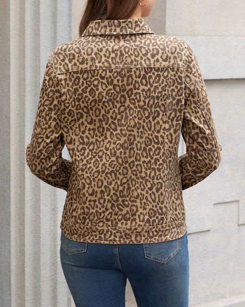 GRAPENT Leopard Cheetah Print Jean Jacket Women Casual Denim Trucker Jacket Stretchy Denim Jacket, Animal Print, Button Down, Long Sleeve, Side Pockets, Western Outfit, Fall Outfits for Women