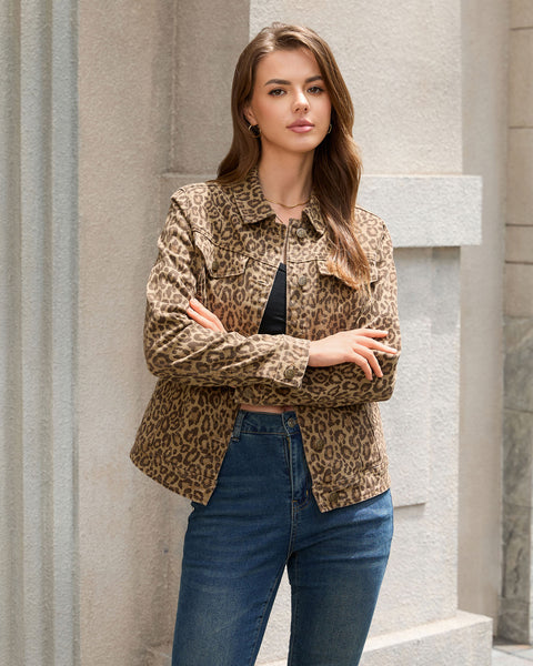 GRAPENT Leopard Cheetah Print Jean Jacket Women Casual Denim Trucker Jacket Stretchy Denim Jacket, Animal Print, Button Down, Long Sleeve, Side Pockets, Western Outfit, Fall Outfits for Women