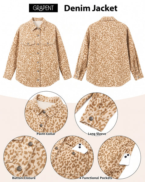 GRAPENT Women's Leopard Jean Jacket Oversized Cheetah Print Denim Shacket Non‑stretch, Leopard Print, Longline Silhouette, Button Down Denim Jackets, Flap Chest Pockets, Casual Outings, Fall Outfits