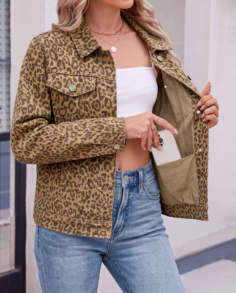 GRAPENT Leopard Cheetah Print Jean Jacket Women Casual Denim Trucker Jacket Stretchy Denim Jacket, Animal Print, Button Down, Long Sleeve, Side Pockets, Western Outfit, Fall Outfits for Women