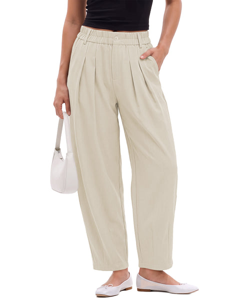 GRAPENT Dress Barrel Pants Women High Waisted Tapered Ankle Work Trousers Elastic Waist with Button-zip Closure, Pleated, 27" Inseam, 4 Pockets, Slacks for Women Business Casual, Work Office Outfits