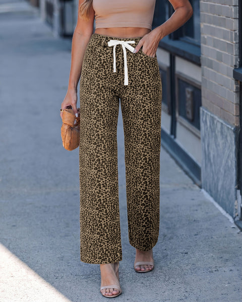 GRAPENT Leopard Jeans for Women Wide Leg High Waisted Cheetah Print Pants | High Rise, Drawstring Waist, Loose Straight Leg, Leopard Print Denim Pants, 28'' Inseam, Fit for Dressy Casual, Everyday Wear