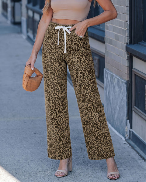 GRAPENT Leopard Jeans for Women Wide Leg High Waisted Cheetah Print Pants | High Rise, Drawstring Waist, Loose Straight Leg, Leopard Print Denim Pants, 28'' Inseam, Fit for Dressy Casual, Everyday Wear
