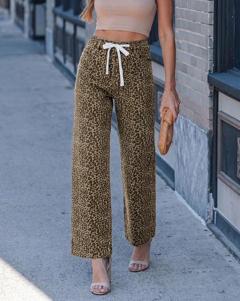 GRAPENT Leopard Jeans for Women Wide Leg High Waisted Cheetah Print Pants | High Rise, Drawstring Waist, Loose Straight Leg, Leopard Print Denim Pants, 28'' Inseam, Fit for Dressy Casual, Everyday Wear