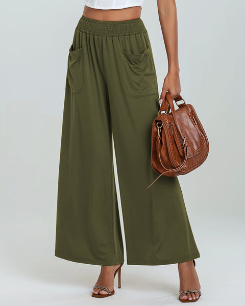GRAPENT Wide Leg Pants for Women High Wasited Baggy Palazzo Pants Casual Pull On Bell Bottom Smocked Elastic Waist Pants