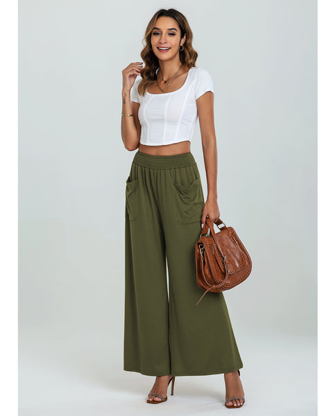 GRAPENT Wide Leg Pants for Women High Wasited Baggy Palazzo Pants Casual Pull On Bell Bottom Smocked Elastic Waist Pants