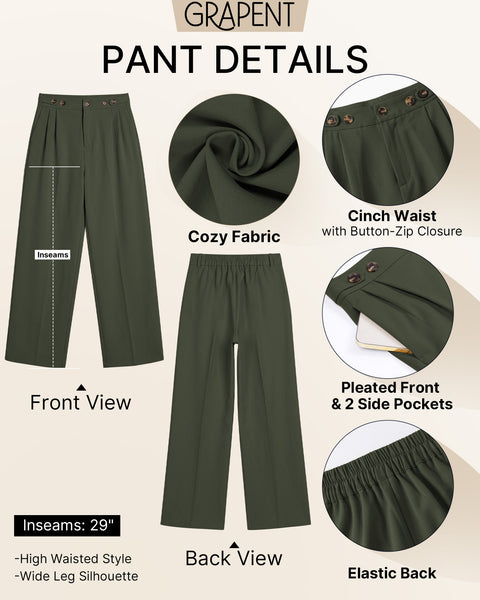 GRAPENT Business Casual Pants for Women Wide Leg Elastic Waist Work Trouser | Straight Wide Leg Dressy Casual Pants, High Waisted, Elastic Back Waist, Front Pleated, Cinched Waist, Work Office Outfits