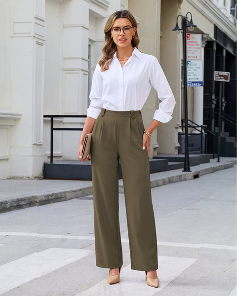GRAPENT Dress Pants Women Wide Leg Business Casual Pull On Work Trousers | Pull On Closure, High Waisted, Elastic Back Waist, Front Pleated, Dressy Casual Pants, Office Wear, Business Casual Outfits
