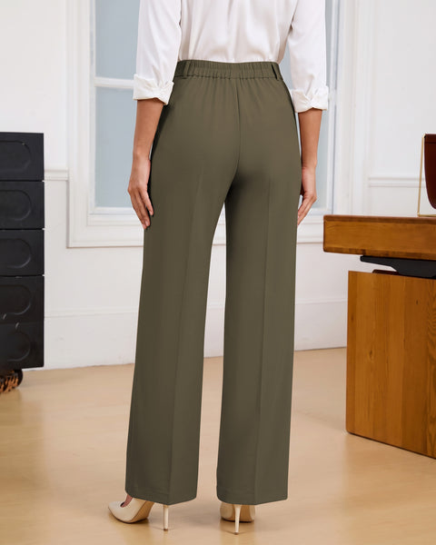 GRAPENT Business Casual Pants for Women Wide Leg Elastic Waist Work Trouser | Straight Wide Leg Dressy Casual Pants, High Waisted, Elastic Back Waist, Front Pleated, Cinched Waist, Work Office Outfits