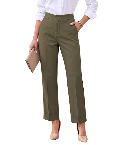 GRAPENT Dress Pants Women Ankle Straight Leg Business Casual Work Trousers Office Pants, Cuffed Hem, High Waisted, Elastic Back Waist, Stretchy Dressy Casual Slacks, Work Wear, Business Casual Outfits
