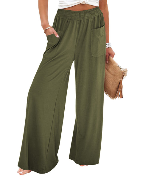 GRAPENT Wide Leg Pants for Women High Wasited Baggy Palazzo Pants Casual Pull On Bell Bottom Smocked Elastic Waist Pants
