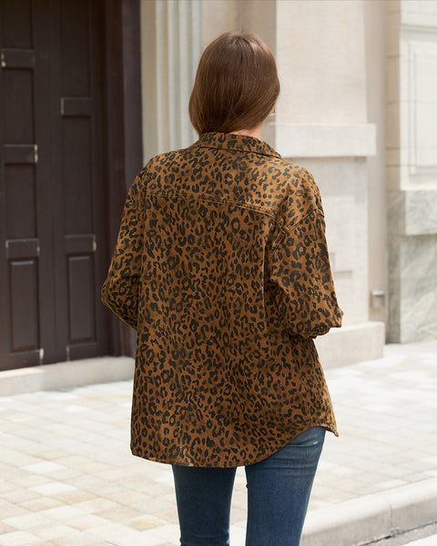 GRAPENT Women's Leopard Jean Jacket Oversized Cheetah Print Denim Shacket Non‑stretch, Leopard Print, Longline Silhouette, Button Down Denim Jackets, Flap Chest Pockets, Casual Outings, Fall Outfits