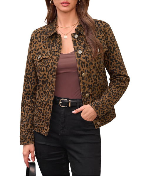 GRAPENT Leopard Cheetah Print Jean Jacket Women Casual Denim Trucker Jacket Stretchy Denim Jacket, Animal Print, Button Down, Long Sleeve, Side Pockets, Western Outfit, Fall Outfits for Women