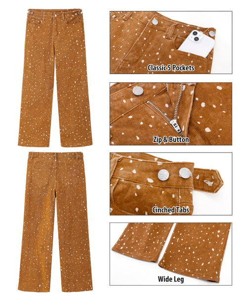 GRAPENT Straight Leg Jeans for Women Deer Print High Waisted Denim Pants Adjustable Cinched Waist, Stretchy, Allover Speckled Print, Full Length, 29.5" Inseam, Country Concert, Casual Daily Wear