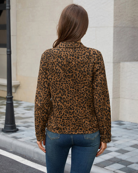 GRAPENT Leopard Cheetah Print Jean Jacket Women Casual Denim Trucker Jacket Stretchy Denim Jacket, Animal Print, Button Down, Long Sleeve, Side Pockets, Western Outfit, Fall Outfits for Women