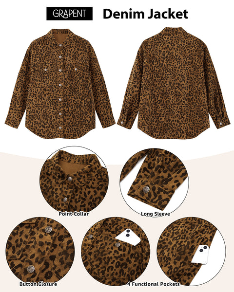 GRAPENT Women's Leopard Jean Jacket Oversized Cheetah Print Denim Shacket Non‑stretch, Leopard Print, Longline Silhouette, Button Down Denim Jackets, Flap Chest Pockets, Casual Outings, Fall Outfits
