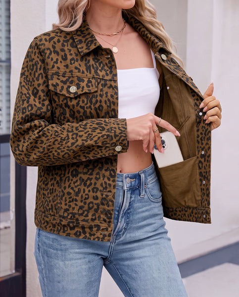 GRAPENT Leopard Cheetah Print Jean Jacket Women Casual Denim Trucker Jacket Stretchy Denim Jacket, Animal Print, Button Down, Long Sleeve, Side Pockets, Western Outfit, Fall Outfits for Women