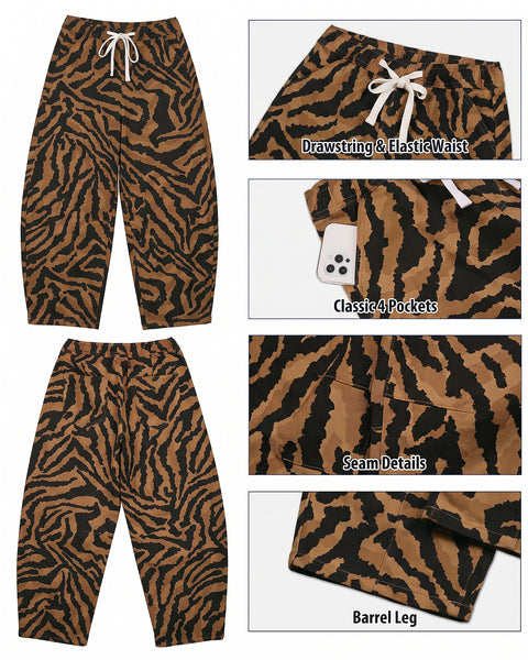 GRAPENT Barrel Jeans for Women High Waisted Pull On Baggy Zebra Print Pants | Curved Barrel-Leg Silhouette, Drawstring Elastic Waist, Stretchy Denim, 27'' Inseam, Cropped Jeans, Loose Fit, Weekend Casual