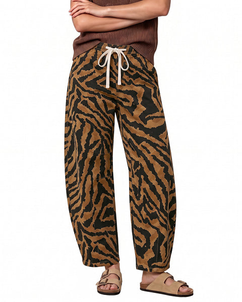 GRAPENT Barrel Jeans for Women High Waisted Pull On Baggy Zebra Print Pants | Curved Barrel-Leg Silhouette, Drawstring Elastic Waist, Stretchy Denim, 27'' Inseam, Cropped Jeans, Loose Fit, Weekend Casual