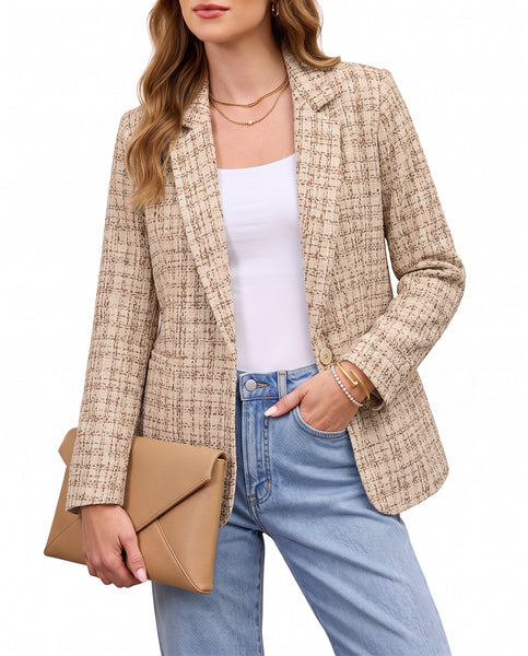 GRAPENT Tweed Blazers for Women Plaid Jacket Long Sleeve Work Casual Blazer | Notched Lapel, Fully Lined, Shoulder Pads, Single Button, 2 Pockets, Interview, Office outfits, Business Casual Blazers