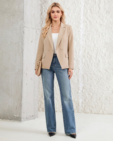 GRAPENT Blazers for Women Business Casual Double Breasted Suit Jackets Notch Collar, Long Sleeves with Button Cuffs, Flap Pockets, Shoulder Pads, Dressy Casual Fitted Outfits, Work Office Wear