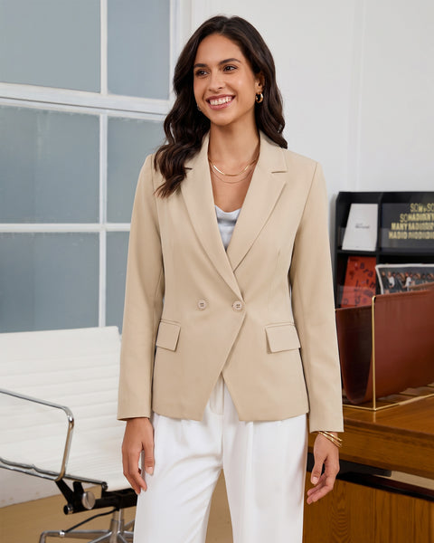 GRAPENT Blazers for Women Business Casual Double Breasted Suit Jackets Notch Collar, Long Sleeves with Button Cuffs, Flap Pockets, Shoulder Pads, Dressy Casual Fitted Outfits, Work Office Wear