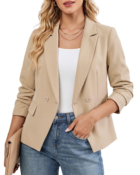 GRAPENT Blazers for Women Business Casual Double Breasted Suit Jackets Notch Collar, Long Sleeves with Button Cuffs, Flap Pockets, Shoulder Pads, Dressy Casual Fitted Outfits, Work Office Wear