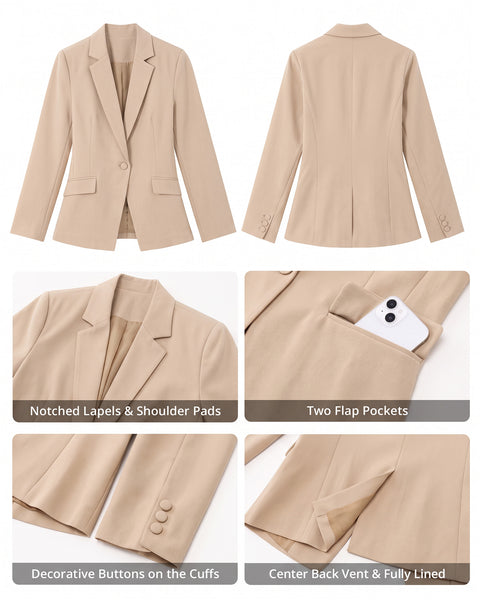 GRAPENT Womens Blazers Dressy Casual Long Sleeve Work Office Suit Jackets Notched Lapel, Shoulder Pads, Single Button, Two Pockets, Open Quarters, Back Slit, Casual Work Wear, Business Casual Outfits