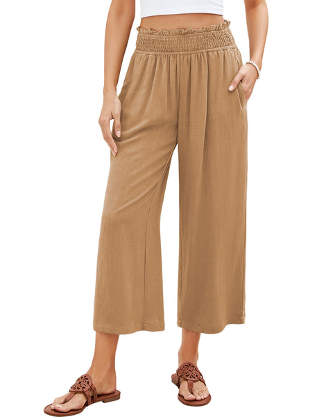 GRAPENT Capri Pants for Women High Waisted Wide Leg Linen Palazzo Trousers Pull On Elastic Smock Waist Loose Flowy Pants